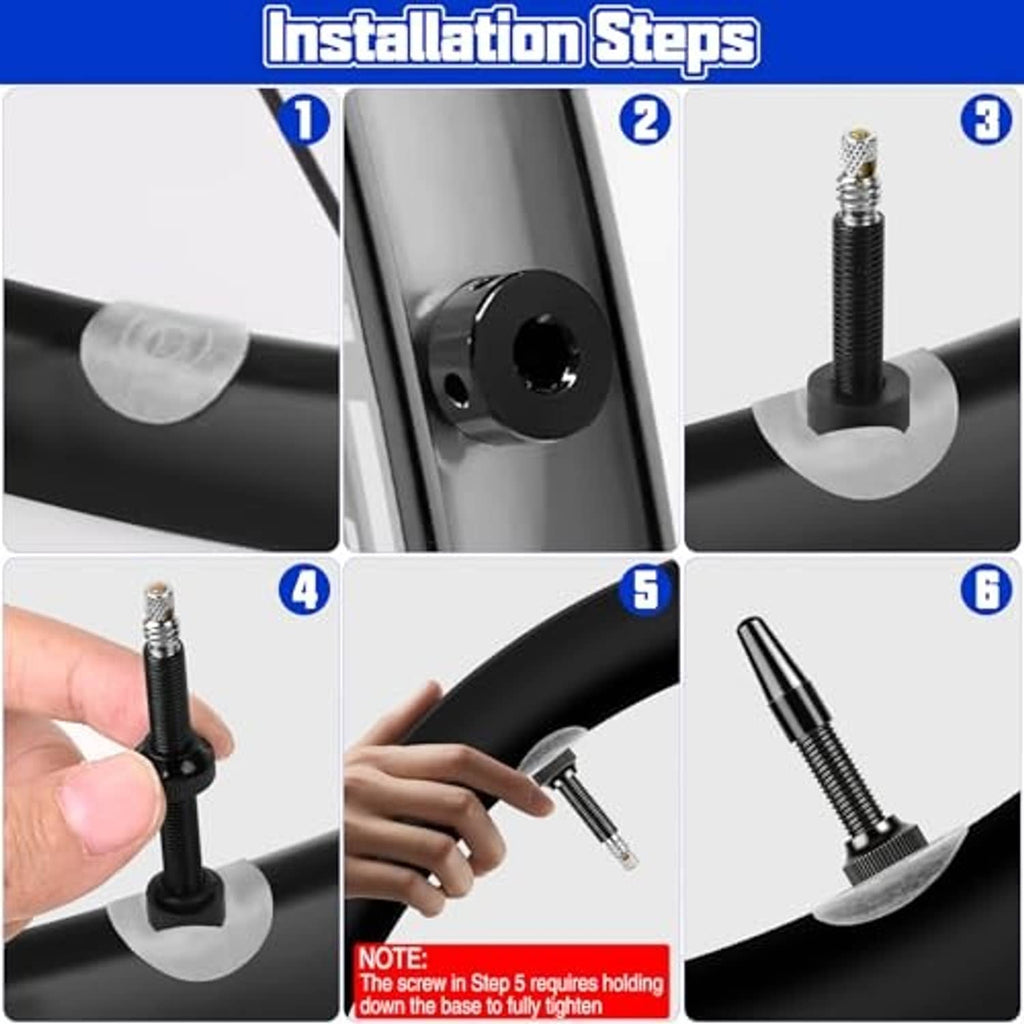 Presta tubeless valve stem installation showing black base and threaded stem on tire