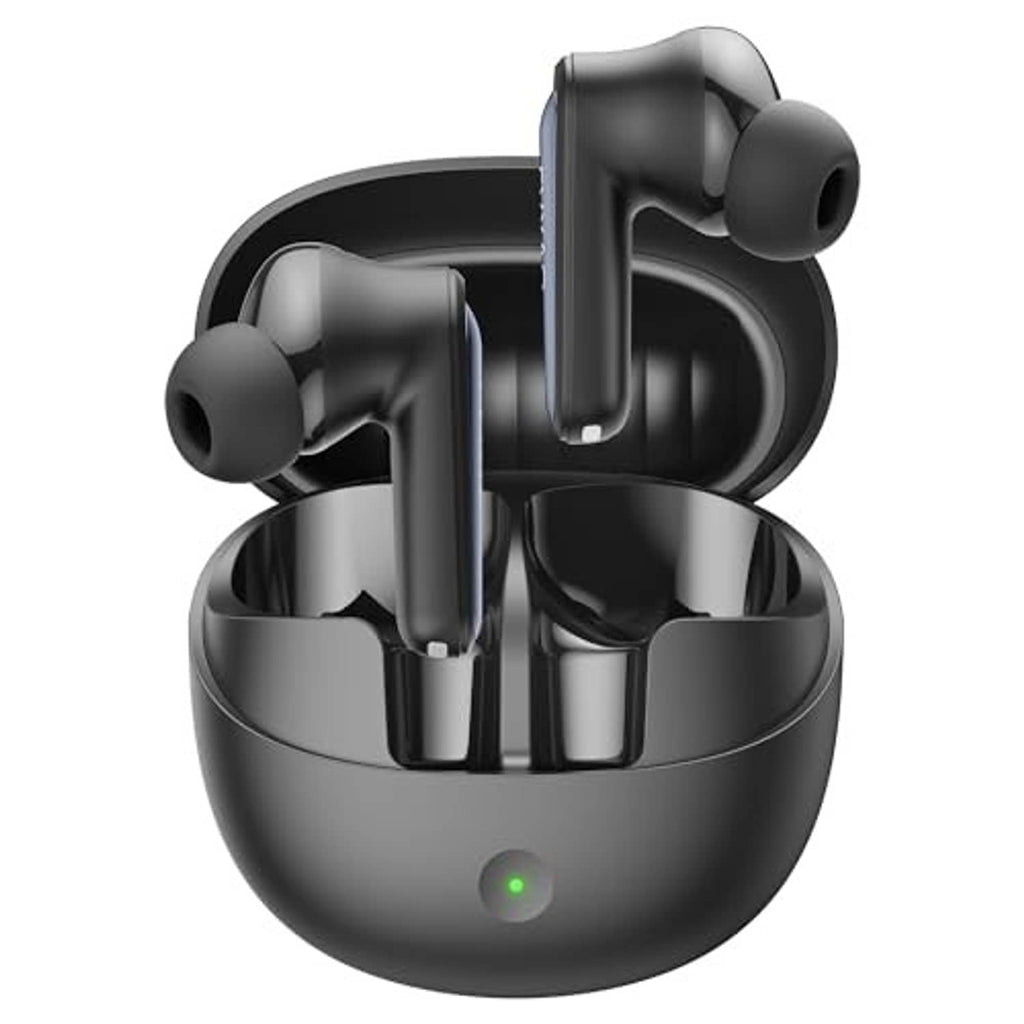 Black wireless earbuds in charging case, close-up front view with LED indicator