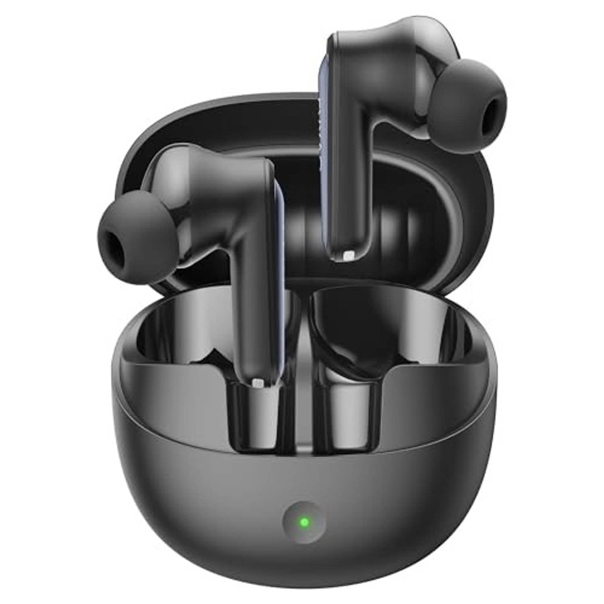 Black wireless earbuds in charging case, close-up front view with LED indicator