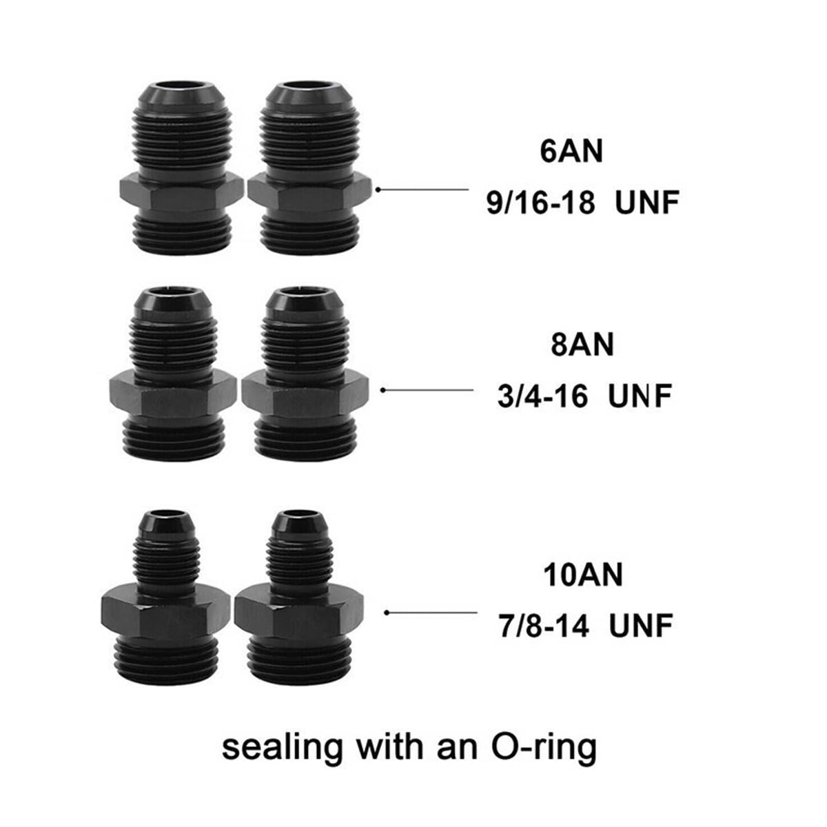 AN adapter fittings set for 6AN, 8AN, and 10AN connections with O-ring sealing.