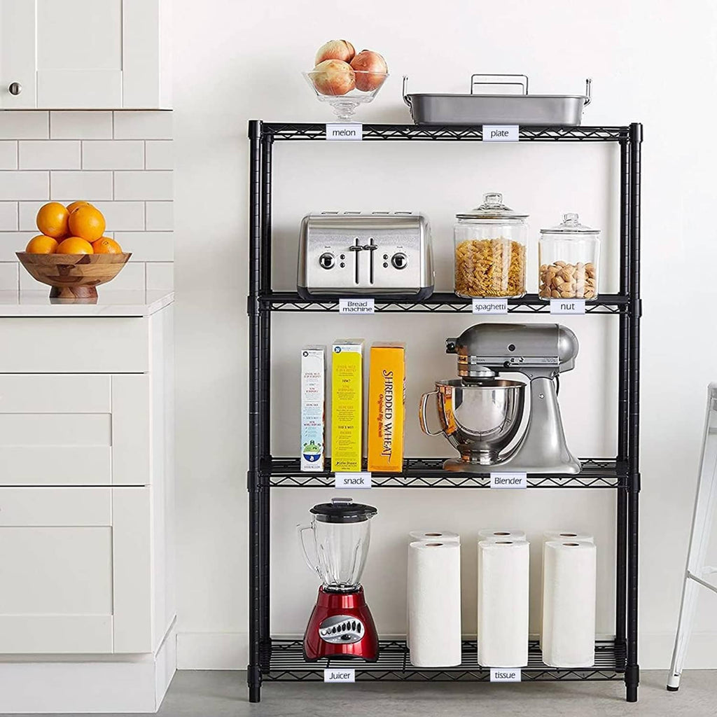 Wire storage shelf rack with clear label holders on shelf edges