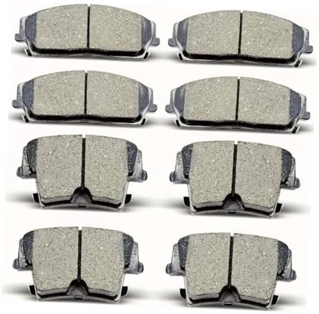 Set of 8 gray ceramic brake pads with metal backing and curved edge clips