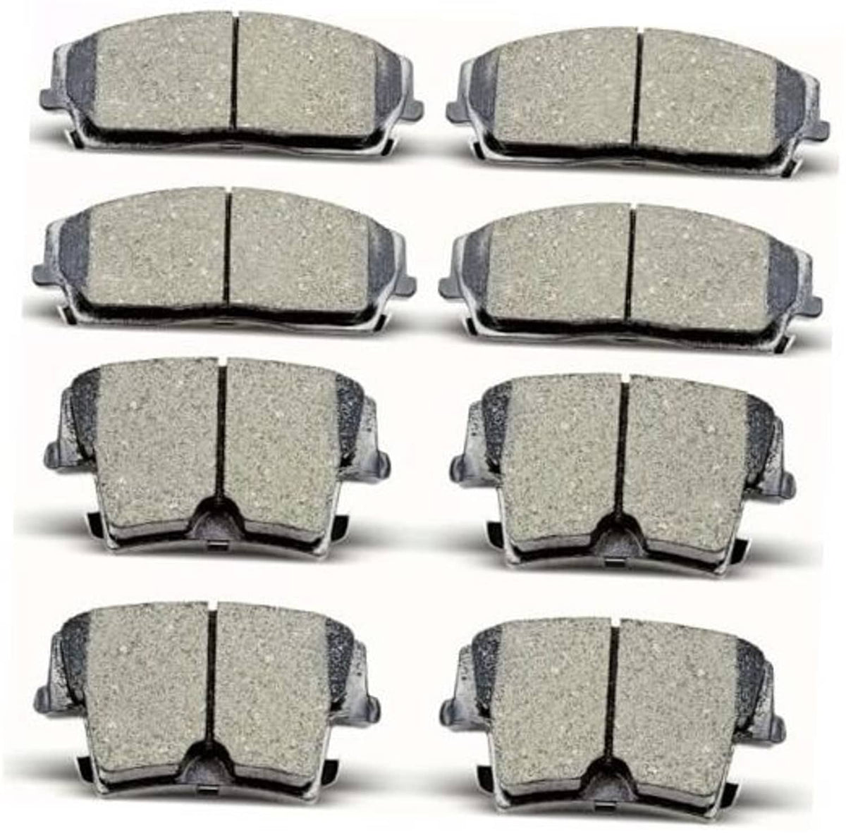 Set of 8 gray ceramic brake pads with metal backing and curved edge clips