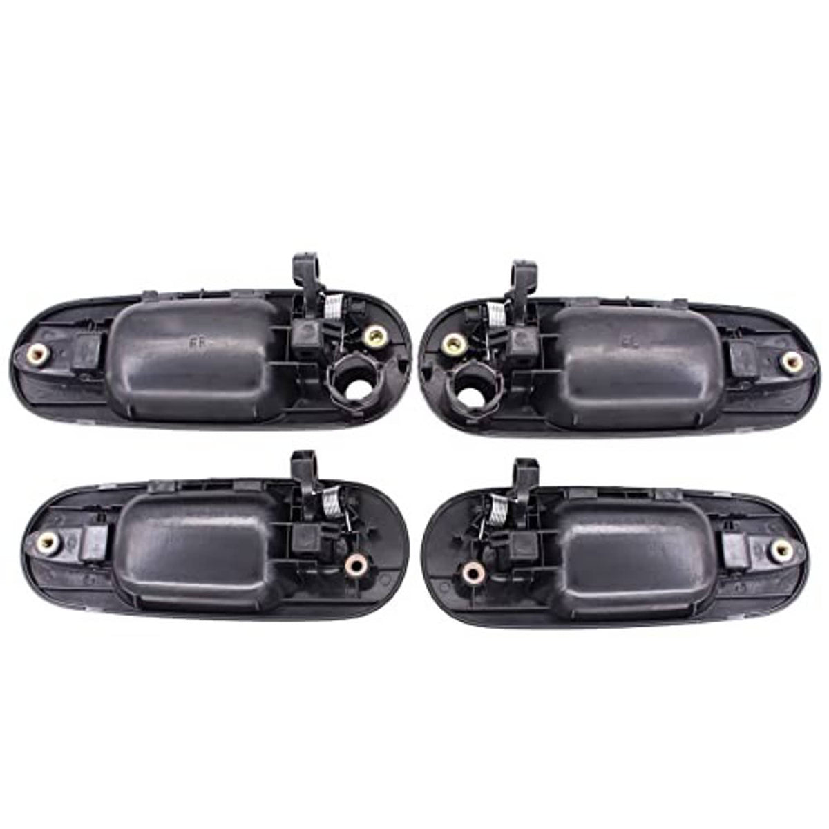 Set of four exterior door handles shown from inside backs with mounting clips