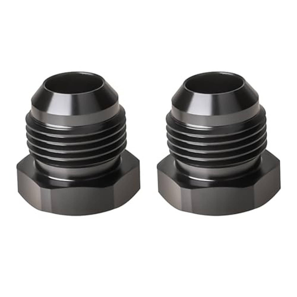 Set of two black aluminum flare hex-head plug fitting adapters, male AN threads