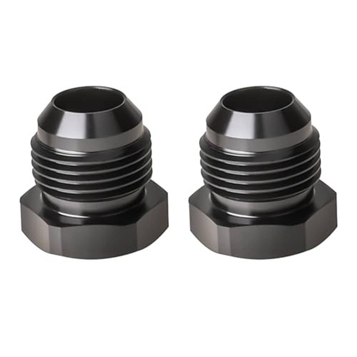 Set of two black aluminum flare hex-head plug fitting adapters, male AN threads
