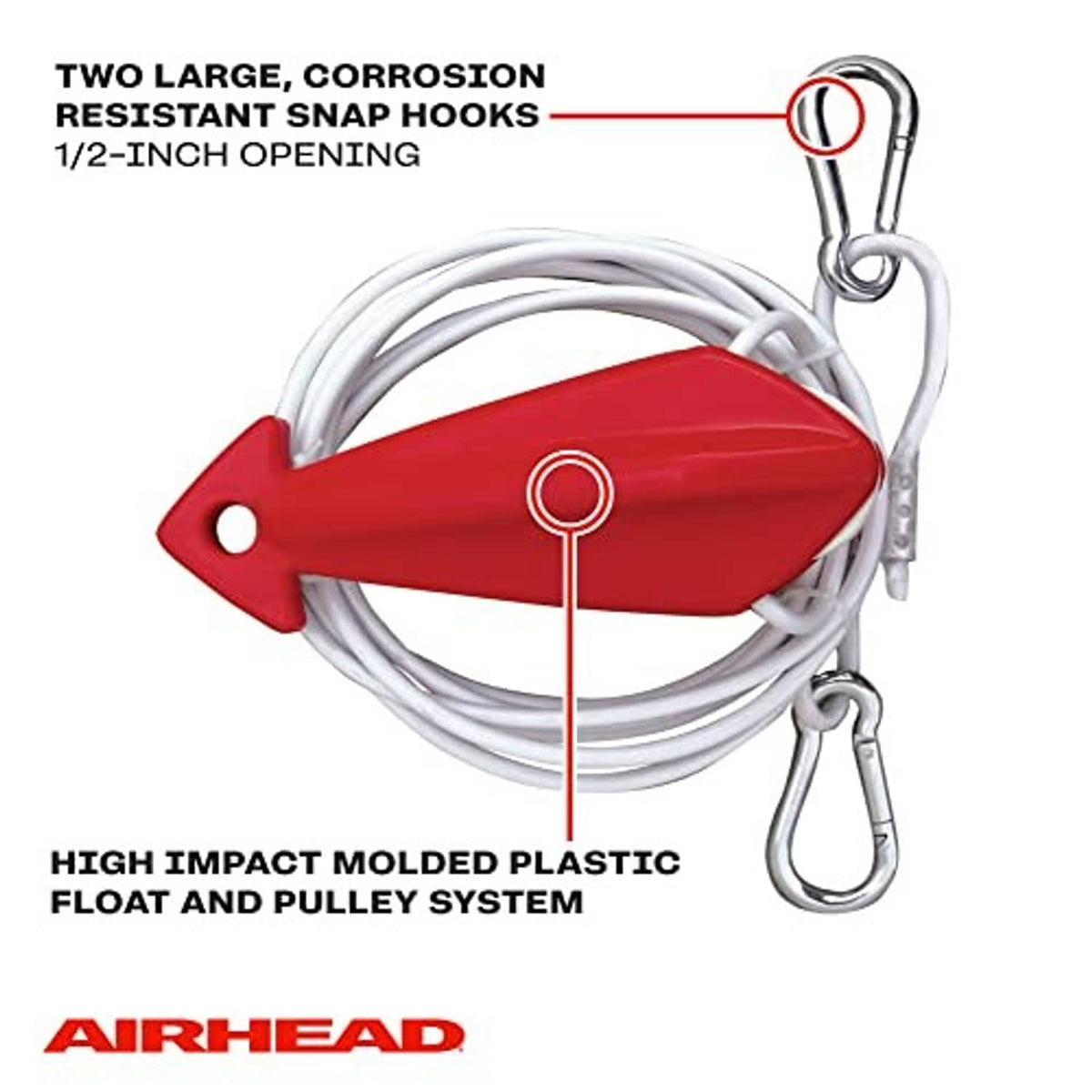 Red arrow-style tow harness with white cable and metal ring loop