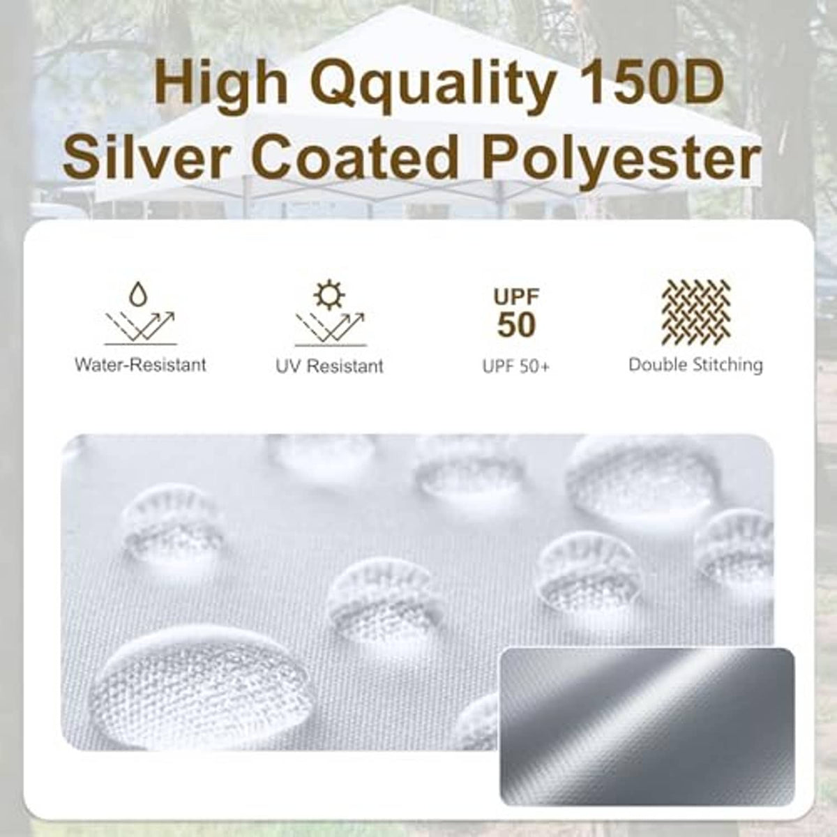 White canopy top fabric, 150D silver-coated polyester, UPF 50+ and double stitching