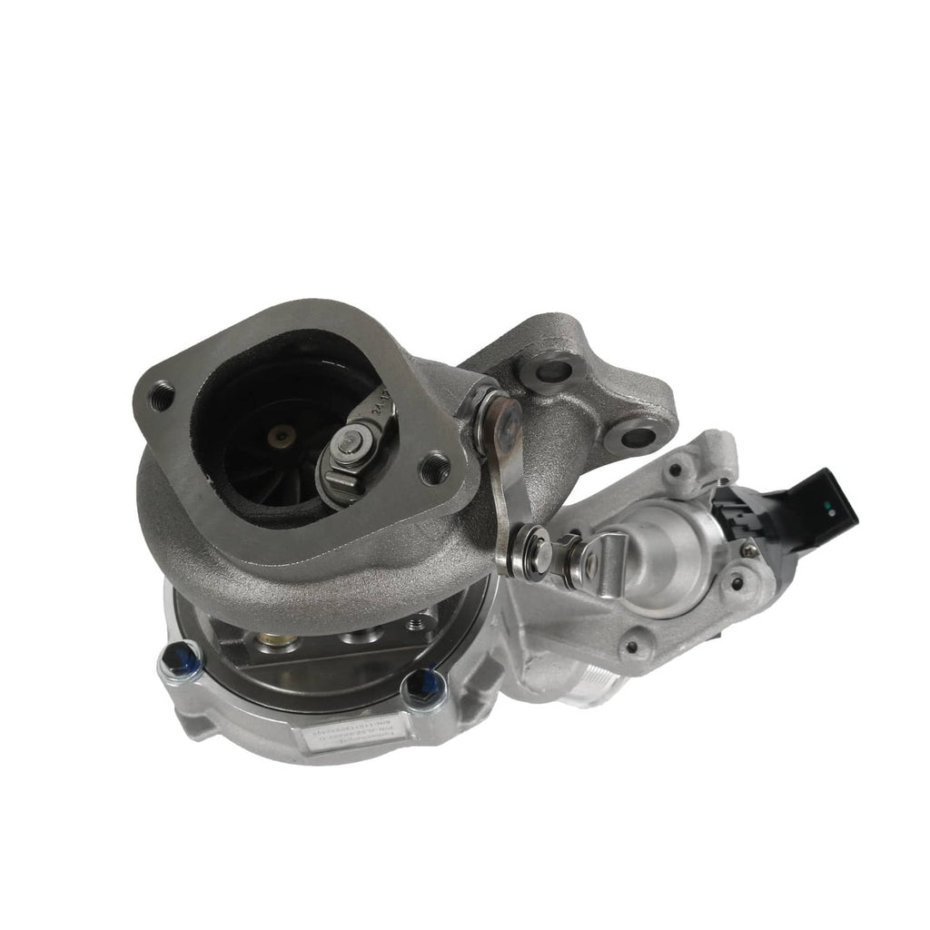 Turbocharger with open turbine inlet and actuator, gray metal housing and sensor plug