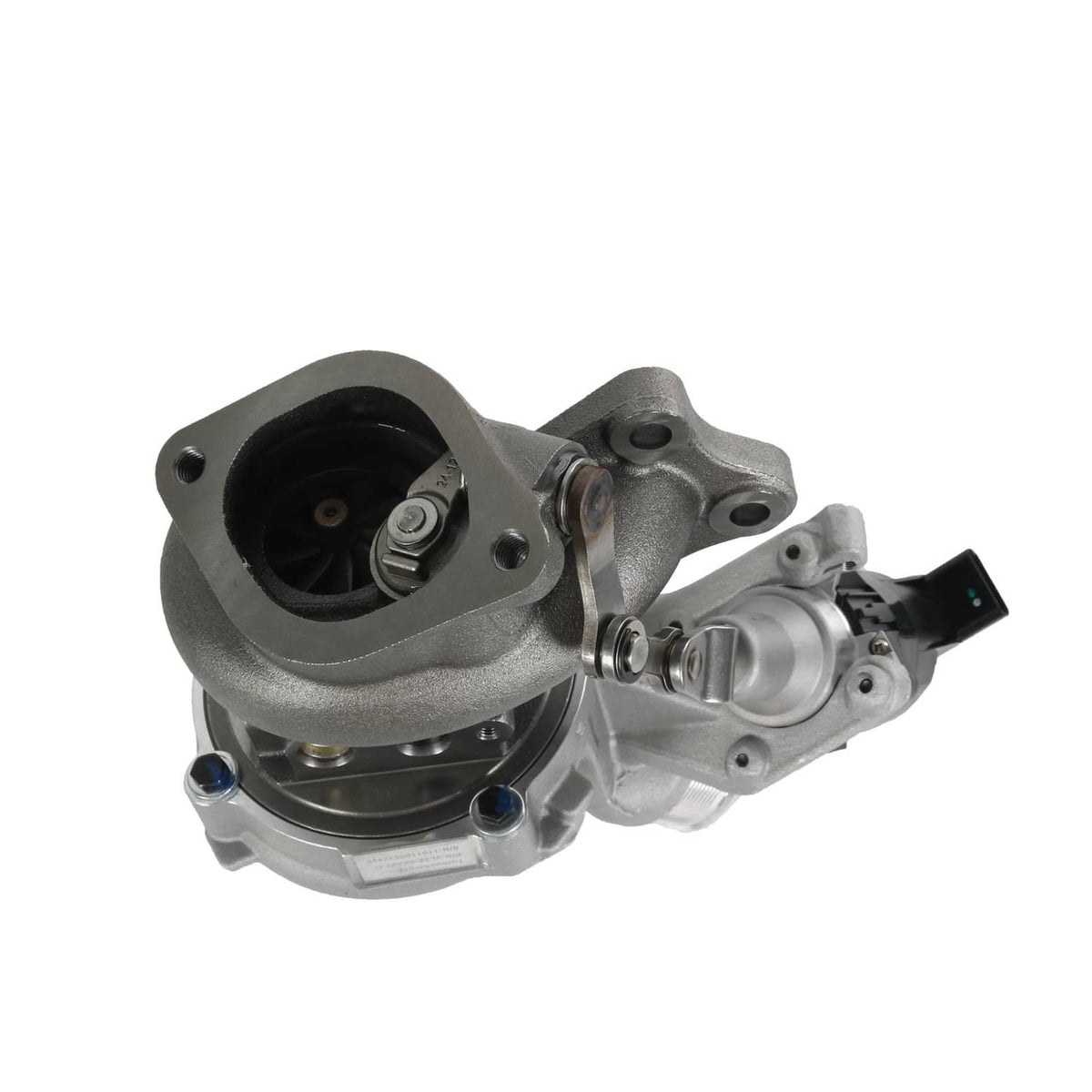 Turbocharger with open turbine inlet and actuator, gray metal housing and sensor plug