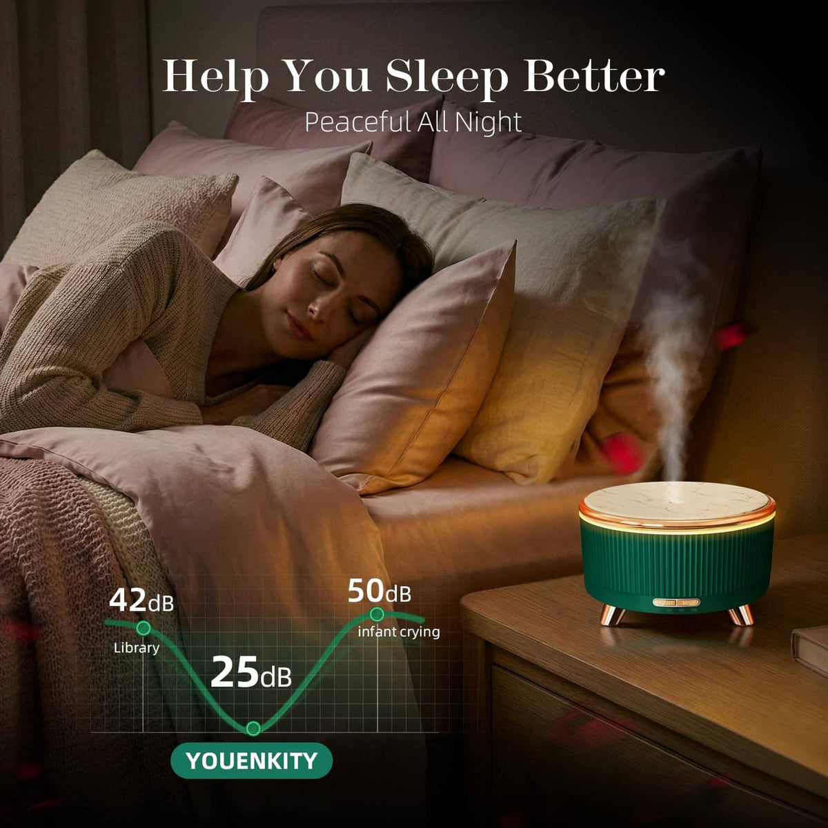 Teal essential oil diffuser on bedside table with mist and warm-lit accents
