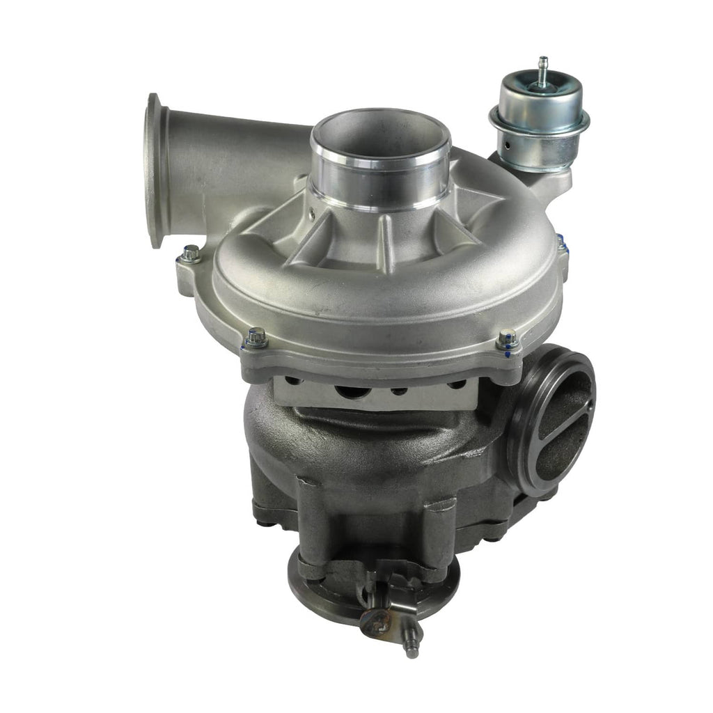 Turbocharger assembly with circular inlet/outlet ports and finned metal compressor housing