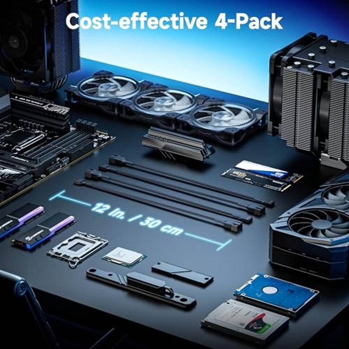 4-pack 4-pin PWM fan extension cables with four black connectors laid out on PC parts