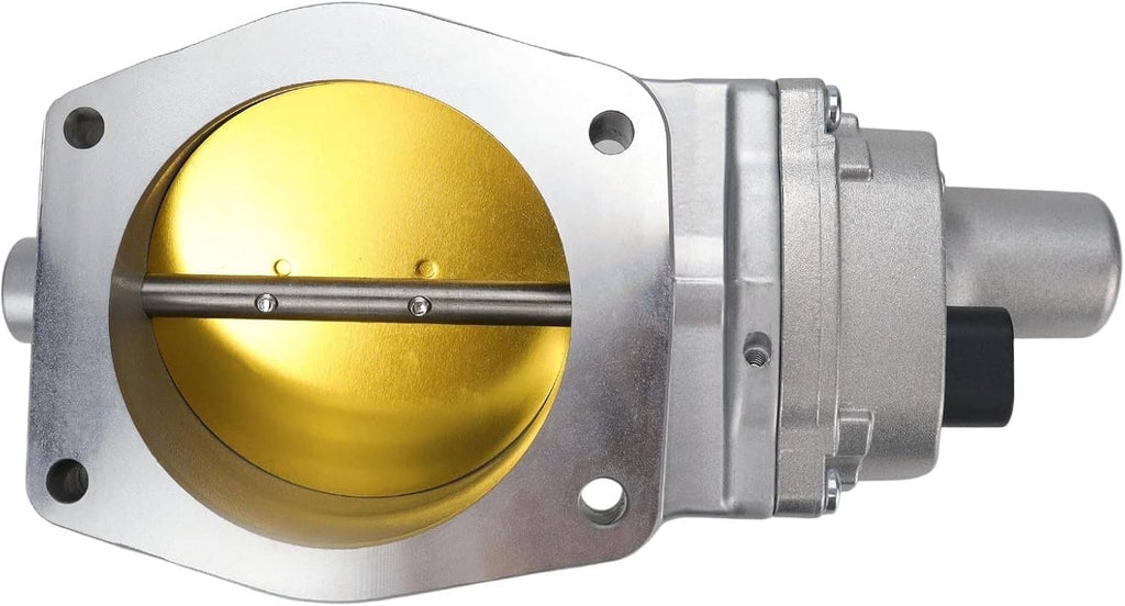 90mm throttle body close-up showing gold bore and two crossbar linkages