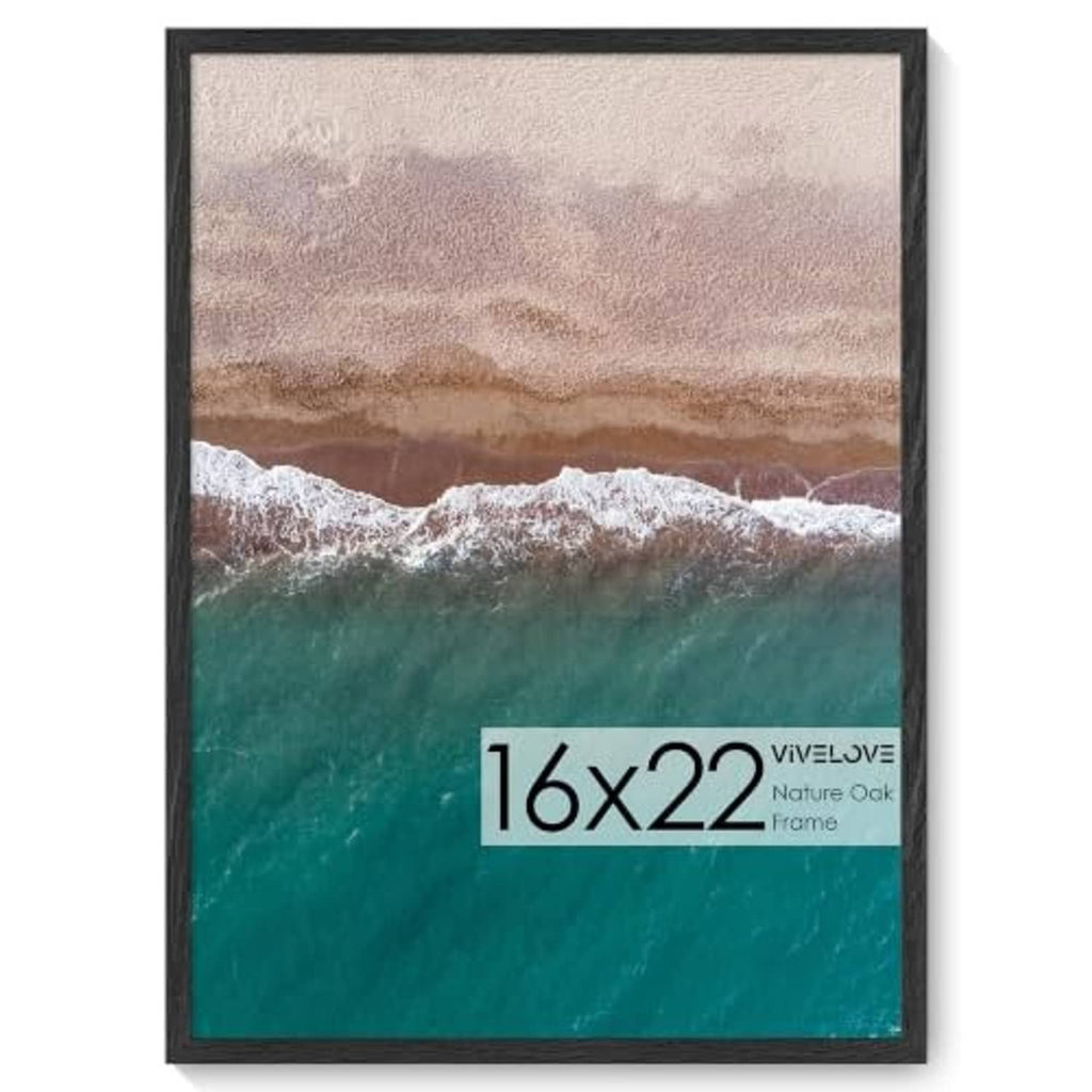 Black wood picture frame front view with ocean print and 16x22 label