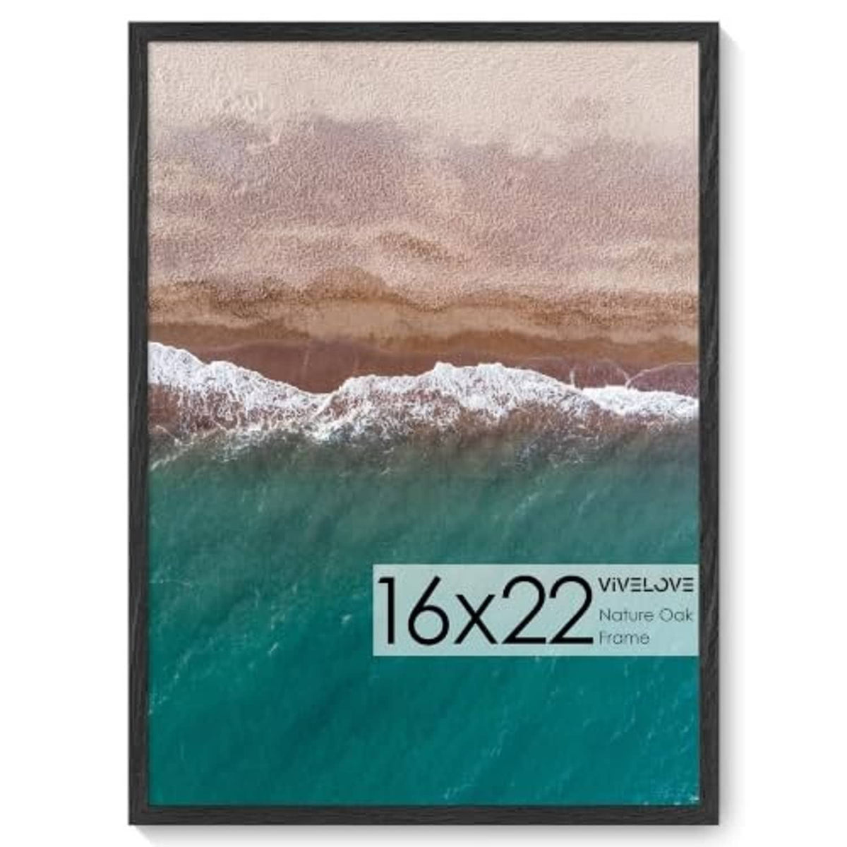 Black wood picture frame front view with ocean print and 16x22 label
