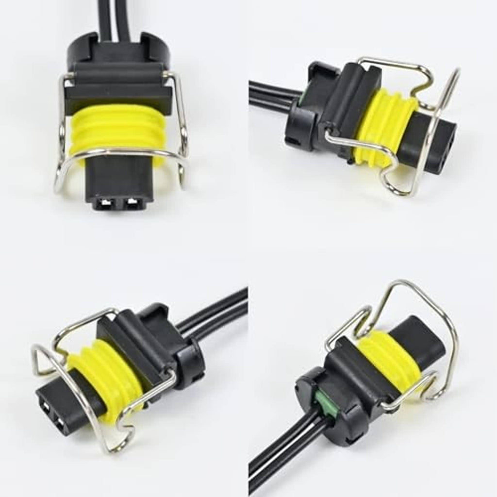 Fuel injector connector pigtail set with two black plugs and yellow wire coils, angled views