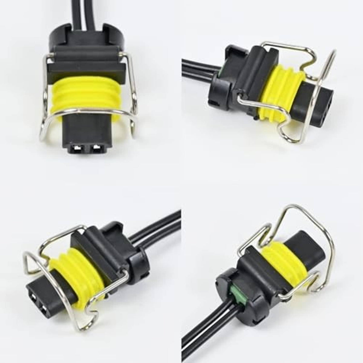 Fuel injector connector pigtail set with two black plugs and yellow wire coils, angled views