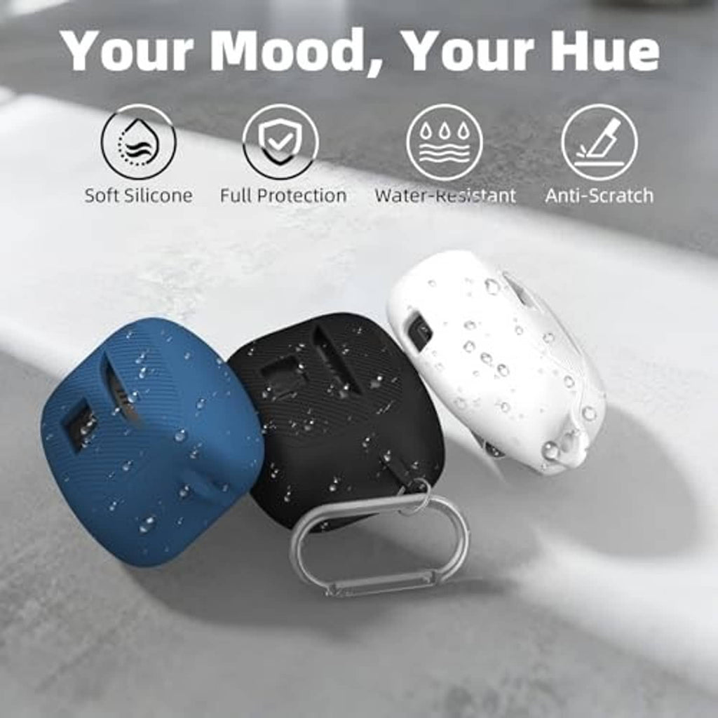 Set of silicone earbud cases in black, blue, and white with protective lid and clip
