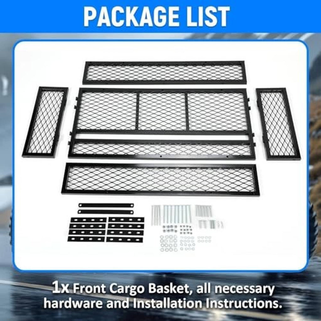Steel mesh cargo basket parts kit with front tray panel and side frame pieces