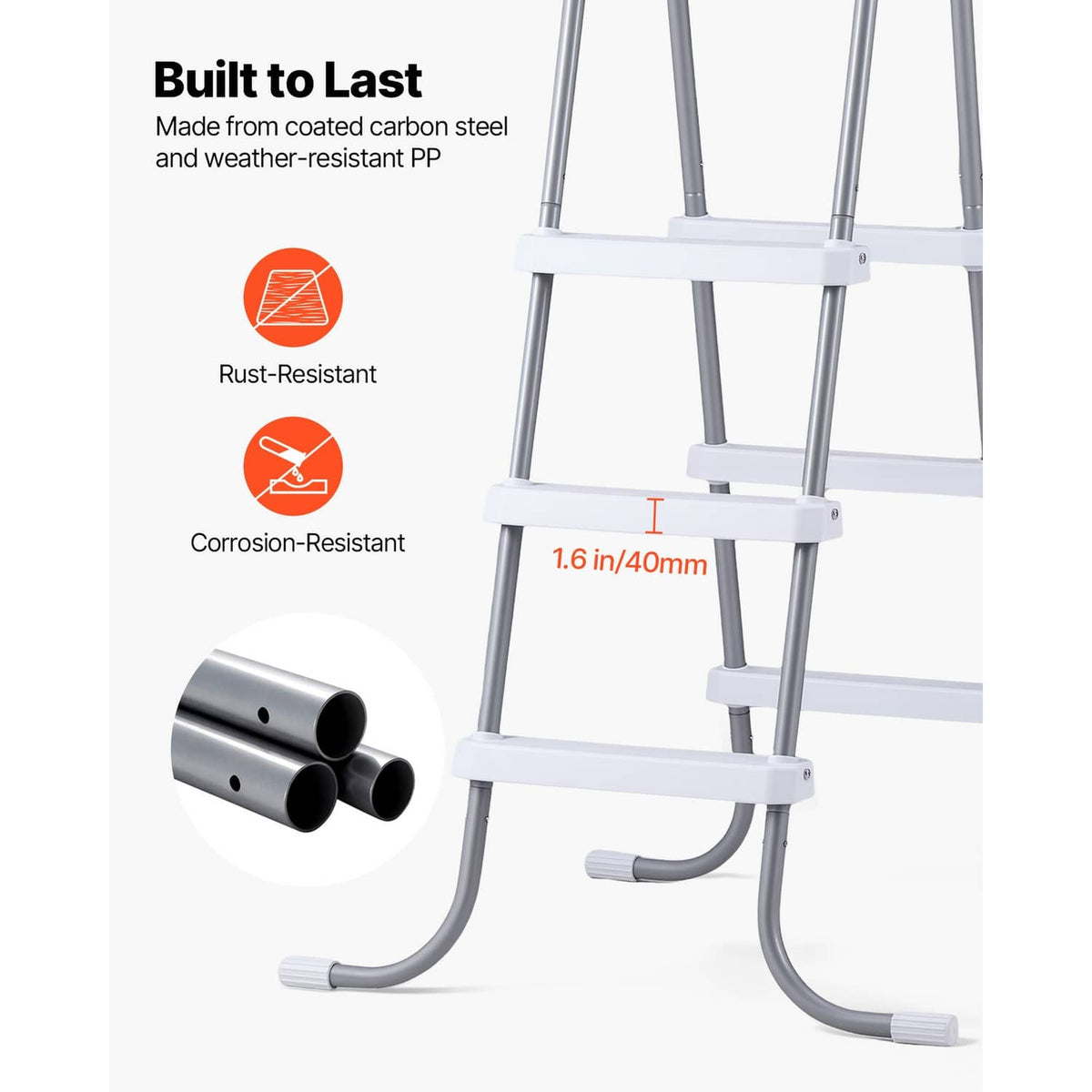 Gray pool ladder frame with white crossbar and 3-step rungs; durable build