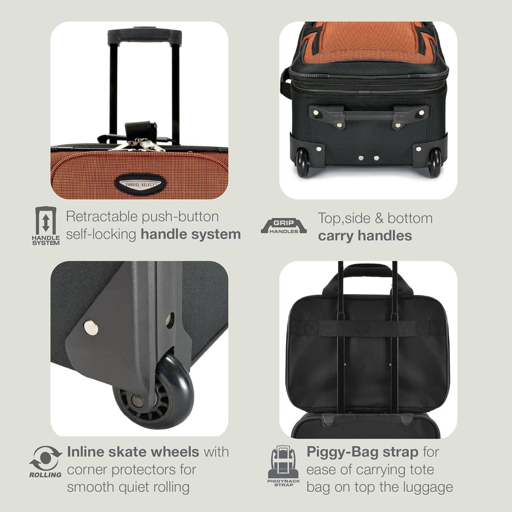 Orange and black softside carry-on luggage with rolling wheels, top handle, and carry handles