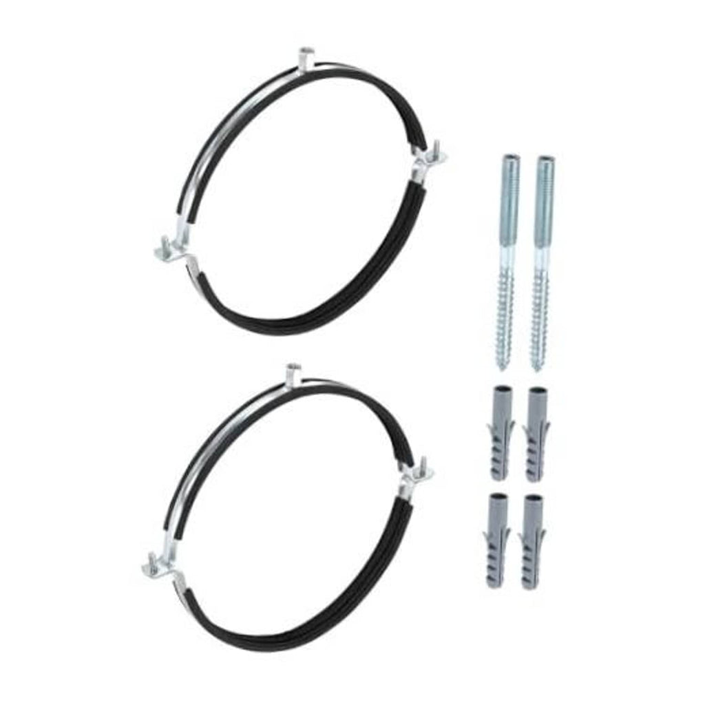 Two-piece split ring pipe hanger clamps with black rubber bands and galvanized bolts