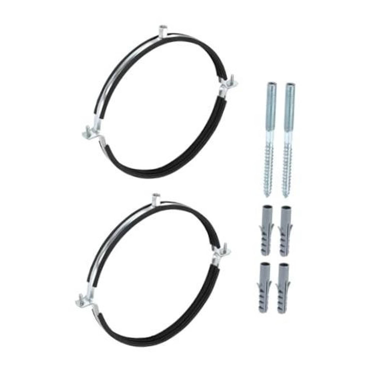 Two-piece split ring pipe hanger clamps with black rubber bands and galvanized bolts