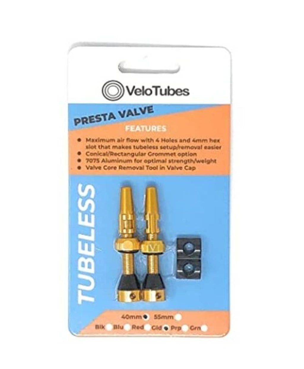 VeloTubes blister pack of gold Presta tubeless valve stems, caps, and locknuts