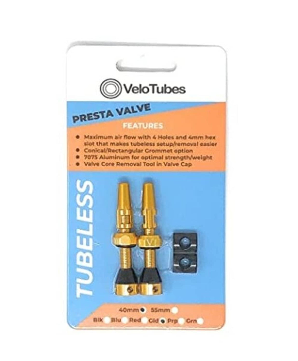 VeloTubes blister pack of gold Presta tubeless valve stems, caps, and locknuts