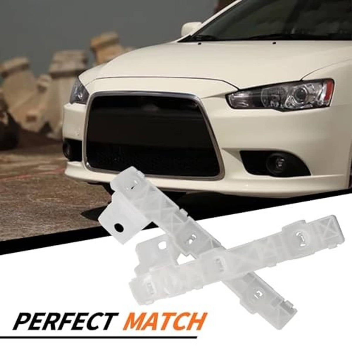 White plastic front grille bracket part with mounting tabs and large circular hole