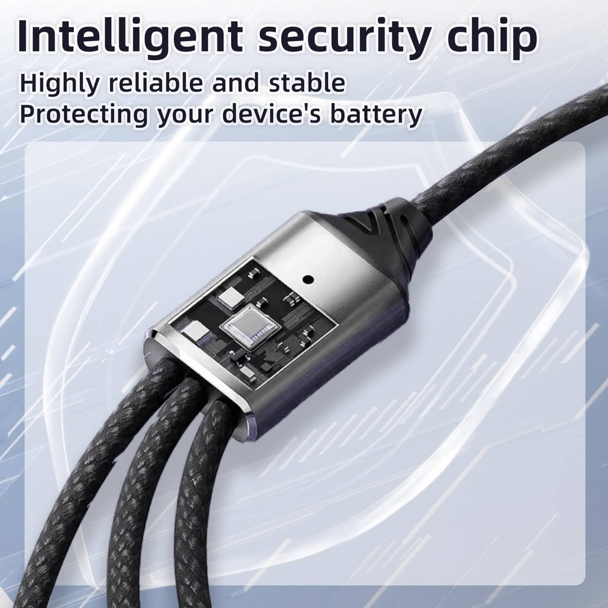USB-C splitter dongle with internal security chip and braided cable.