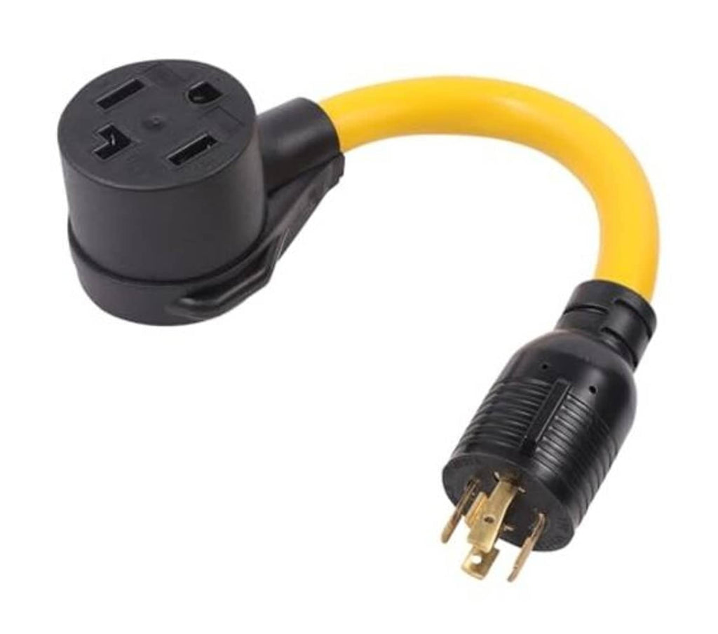 Twist-lock power adapter showing black 4-prong plug and yellow power cord