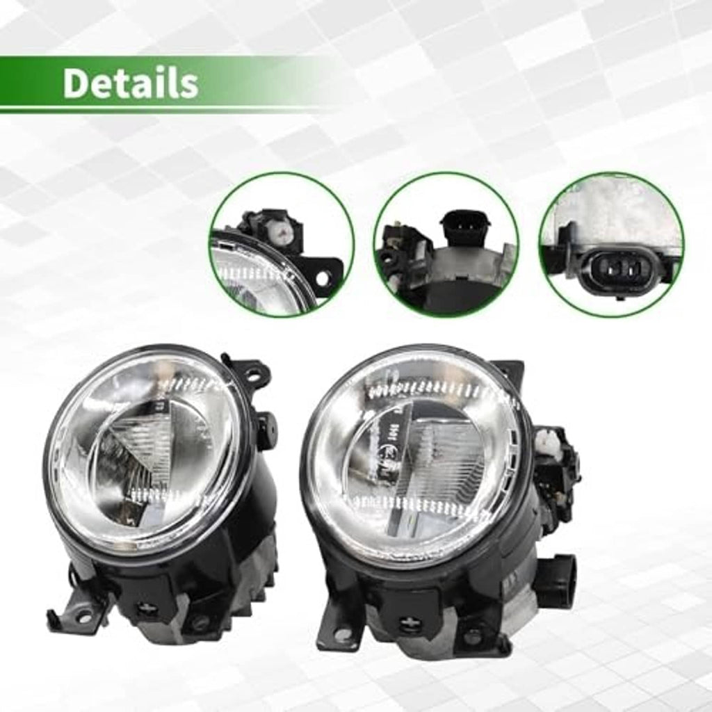 Two round fog lights with clear lenses, black housings, and visible mounting clips