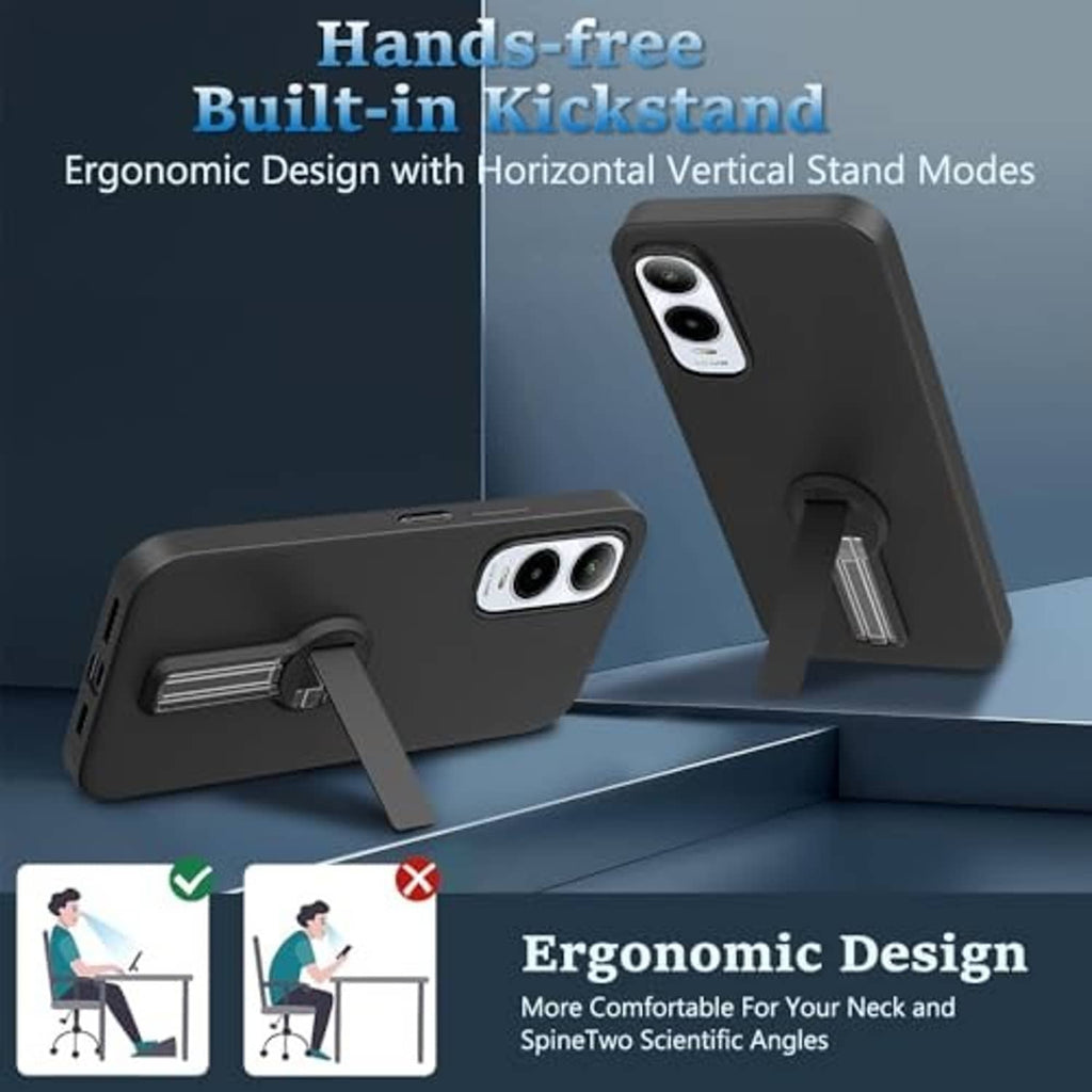 Black phone case with built-in kickstand; horizontal and vertical stand modes