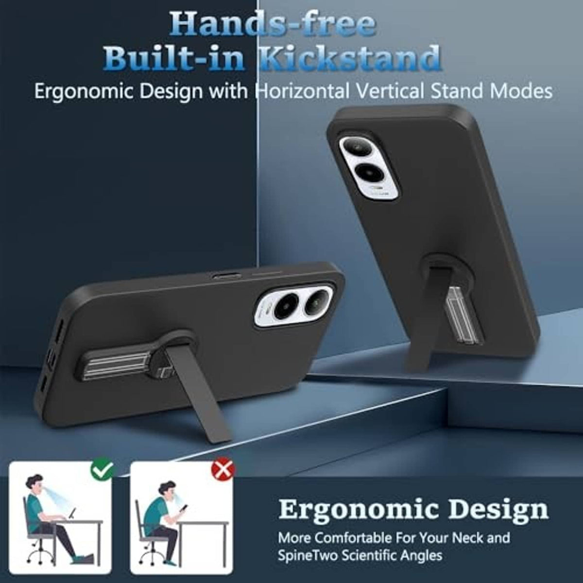 Black phone case with built-in kickstand; horizontal and vertical stand modes