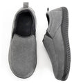Charcoal pair of closed-back slip-on slippers with plush lining and cushioned sole.