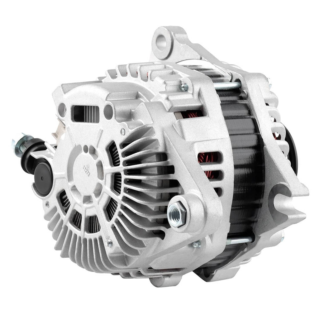 Alternator side view with vented fan, mounting ear, and front rotor; white housing