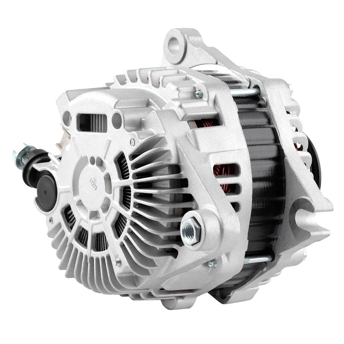 Alternator side view with vented fan, mounting ear, and front rotor; white housing