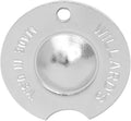 Silver pool cue tip shaper disk with central hole and shiny metal surface