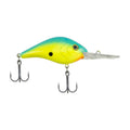Blue and chartreuse crankbait fishing lure with two treble hooks