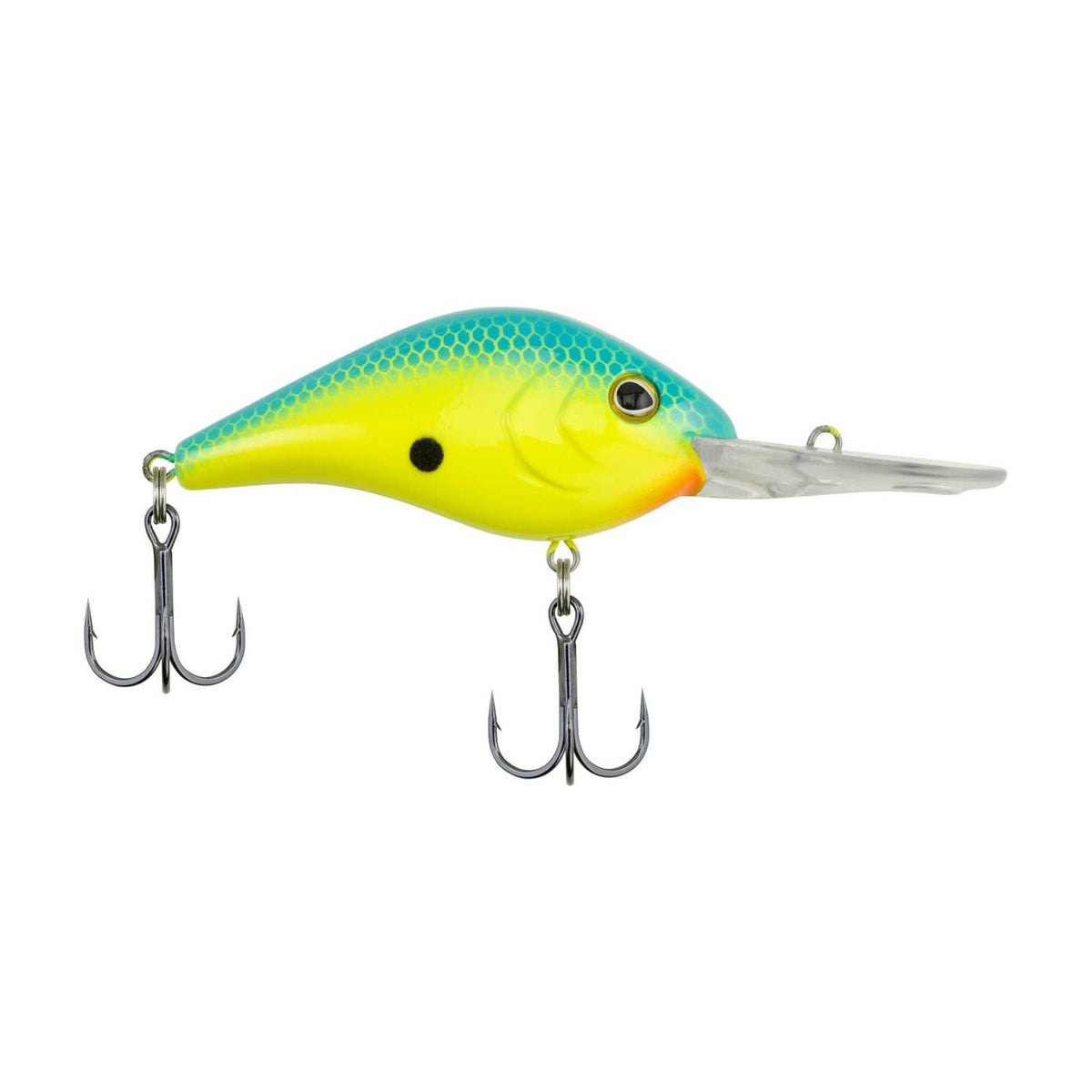 Blue and chartreuse crankbait fishing lure with two treble hooks