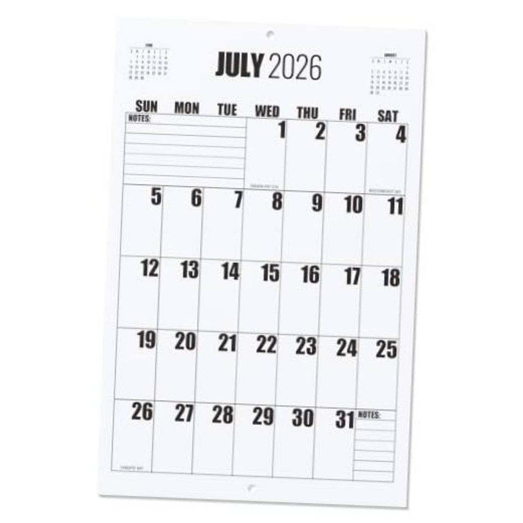 Wall calendar page showing July 2026 with SUN–SAT grid and notes section