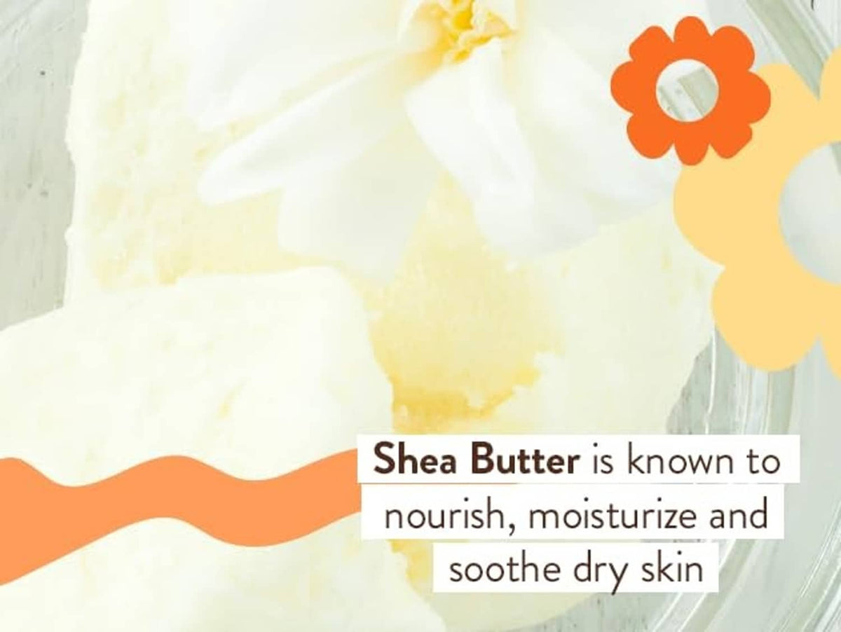 Diaper rash cream ingredient infographic with shea butter cream texture and orange flowers