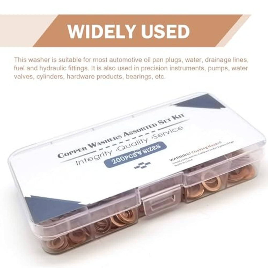 Copper washer kit with assorted flat ring gaskets stored in hinged clear plastic case