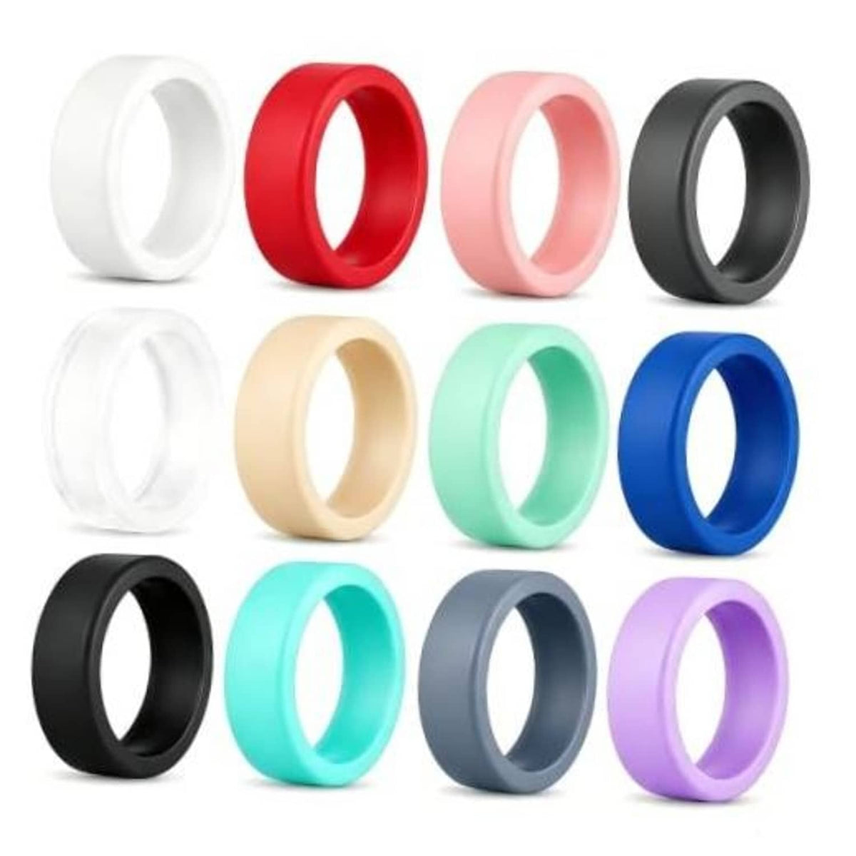 12-pack silicone ring covers in assorted colors, each with open center band