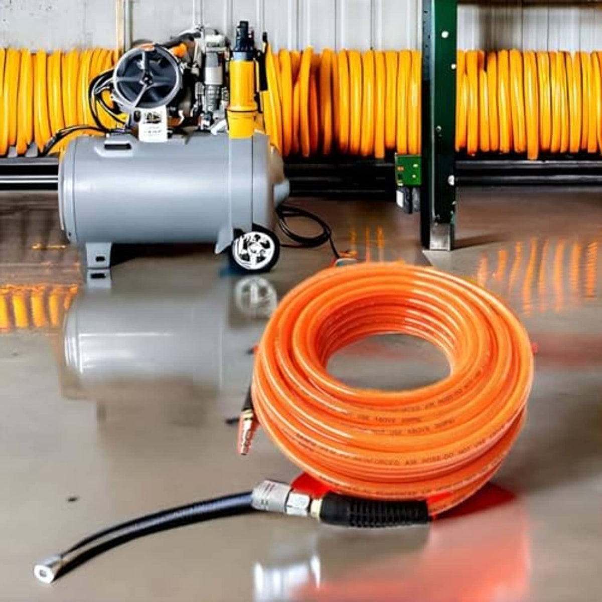 Coiled orange air hose with metal quick coupler and plug