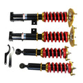 Adjustable coilover suspension kit with red springs, gold tops, black struts and brackets