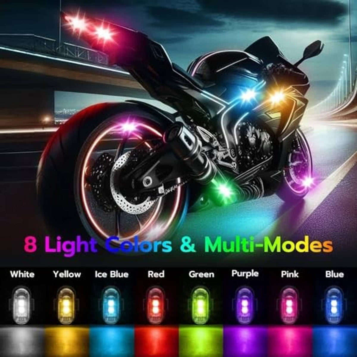 Four LED strobe lights displaying multiple light colors and modes