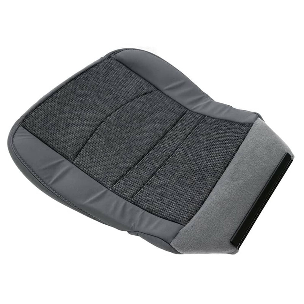 Gray fabric seat cover with textured top panel and stitched edge piping